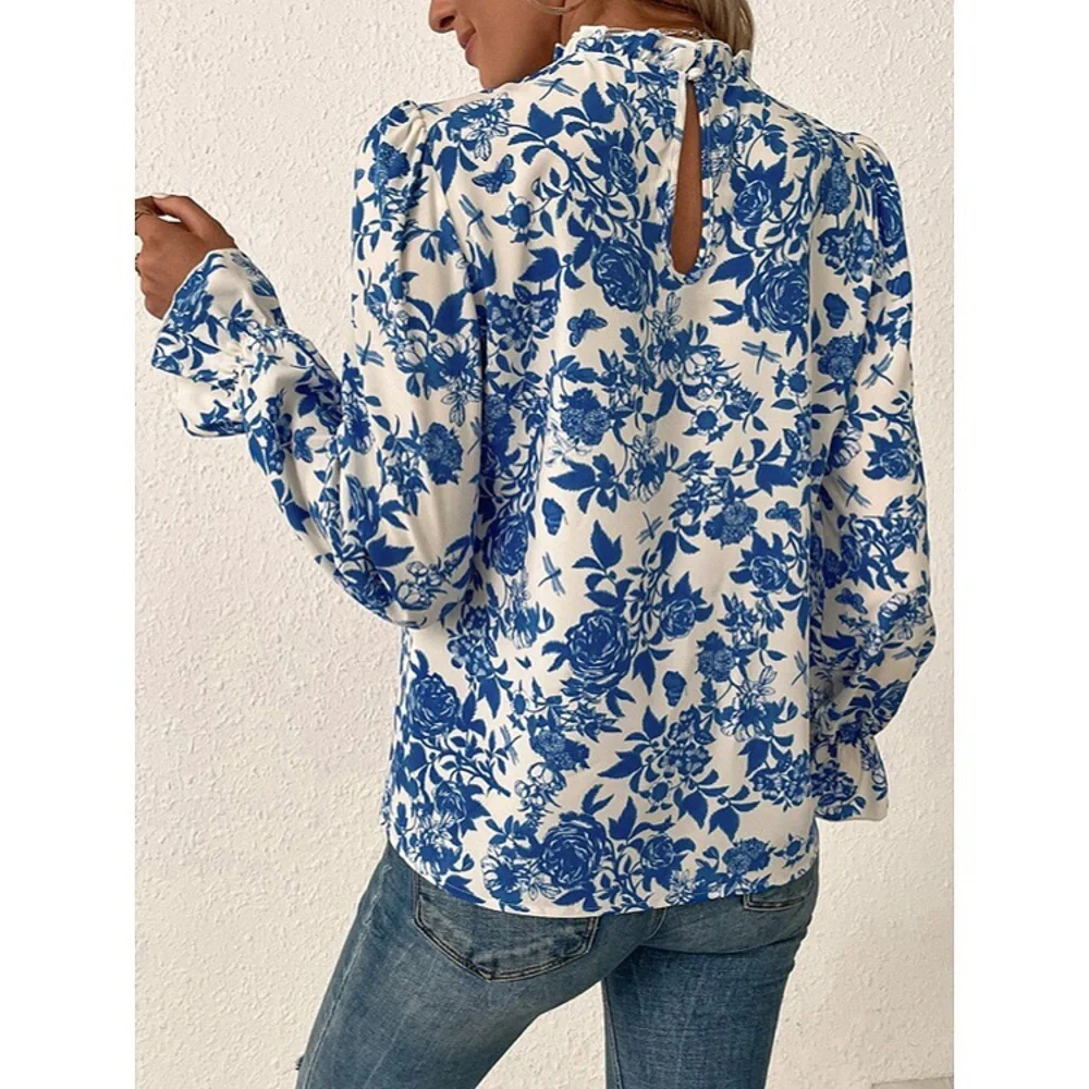 💙 BOHO BLUE IVORY FLORAL LONG SLEEVE BLOUSE! - Picture 2 of 8